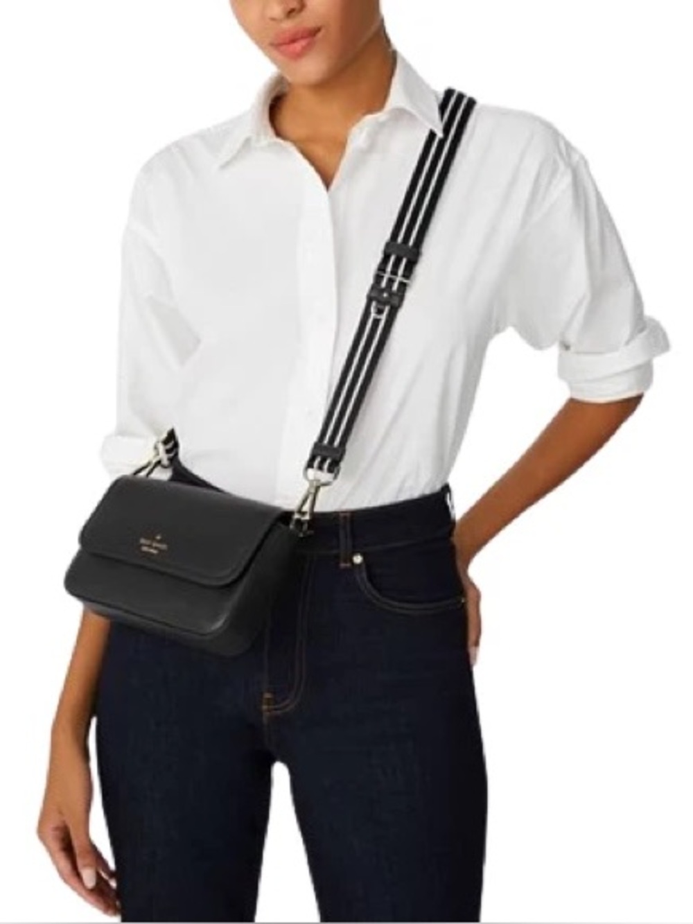 kate spade black crossbody with black-and-white striped strap